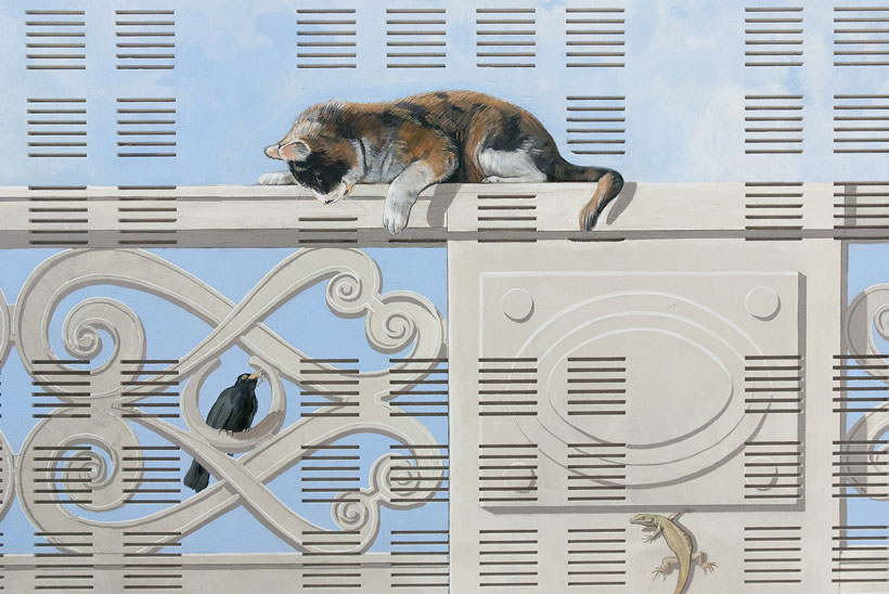 Détail du trompe l'oeil sur un chat tri-color et un oiseau sur la ballustrade