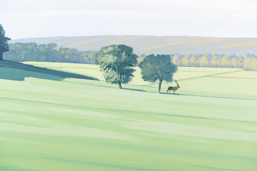 Détail du paysage campagnard avec deux arbres en pleine plaine et un cerf sous leur ombre