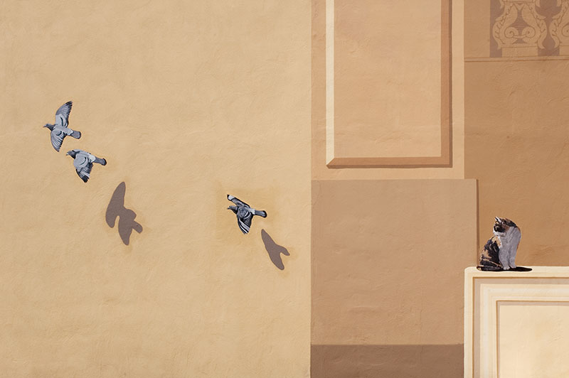 Détail du trompe l'oeil avec oiseaux et chat