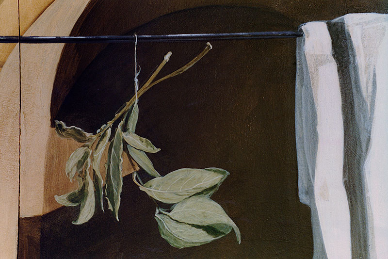 Détail d'un trompe l'oeil d'une branche de laurier avec bout d'un drapé