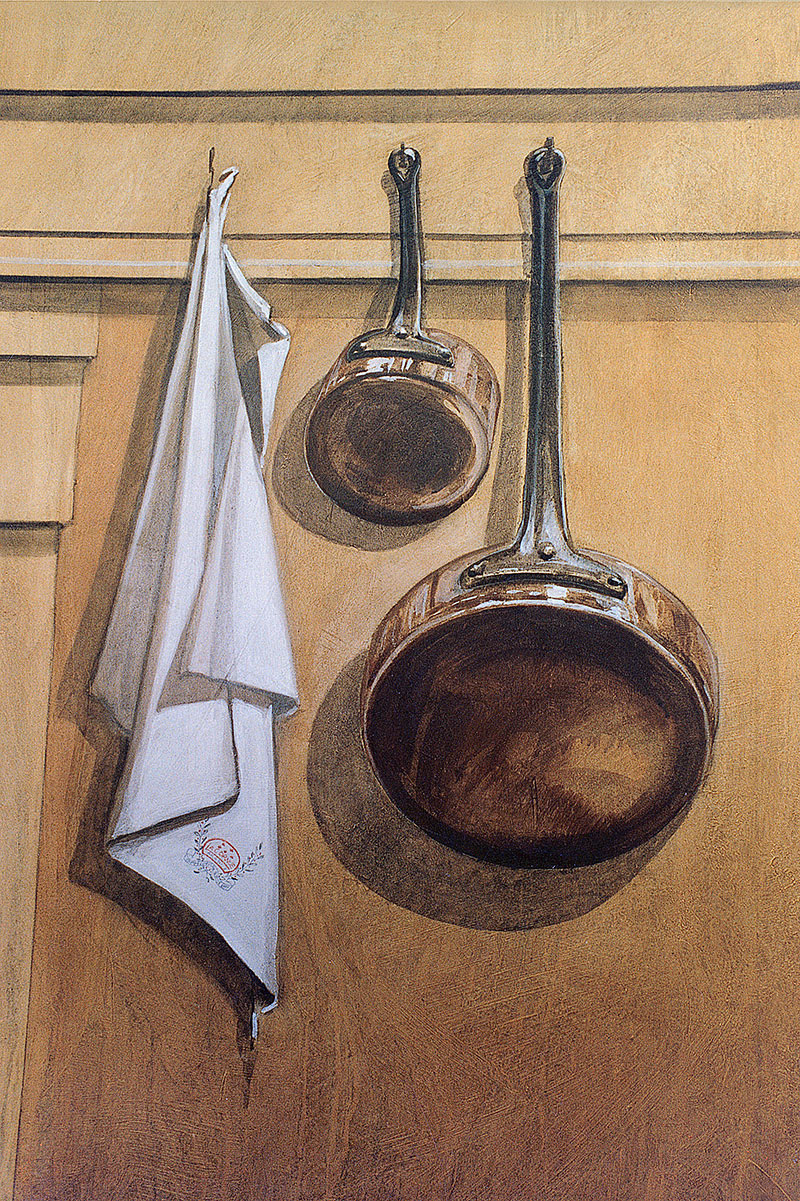 Trompe l'oeil de casseroles en cuivre et torchon