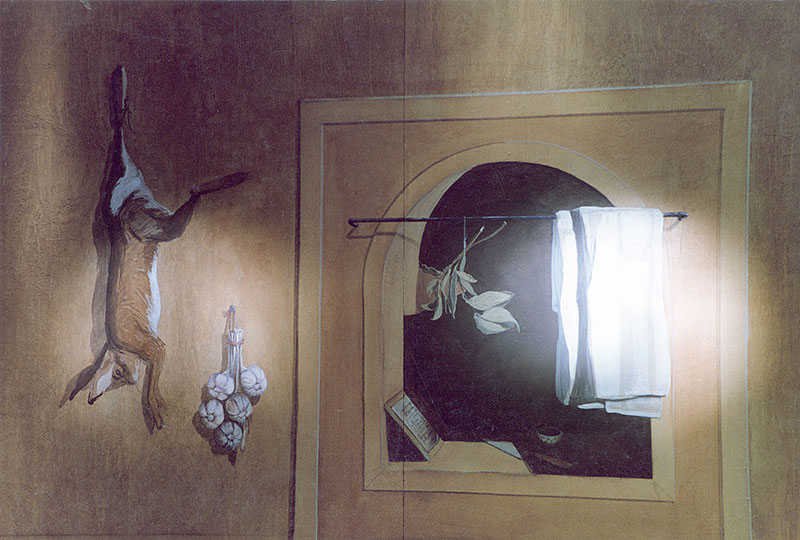 Détail d'un trompe l'oeil avec lapin pendu par la patte, gousses d'ail et fausse fenêtre