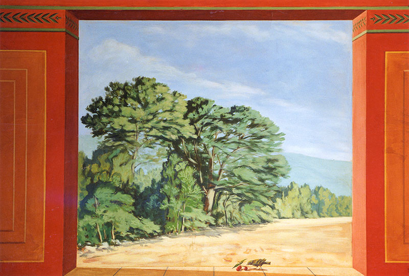 Trompe l'oeil d'un paysage avec murs rouge autour