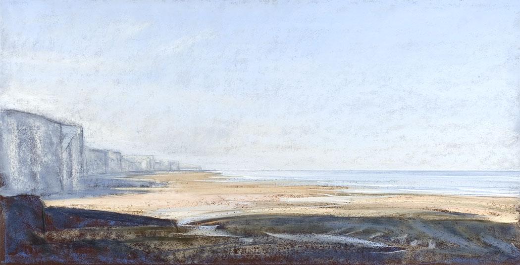 Pastel sec d'une vue dégagée de la plage d'Ault Onival et des falaises, marée basse