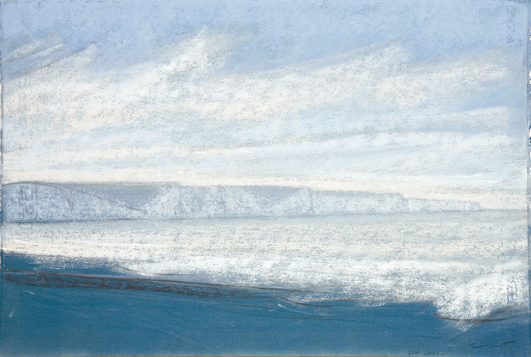 Pastel sec de la plage et des falaises dans un camaïeu de bleus