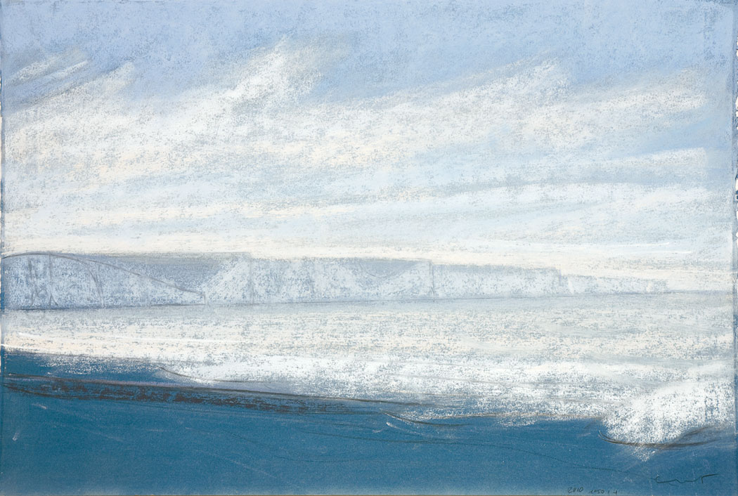 Pastel sec de la plage et des falaises dans un camaïeu de bleus