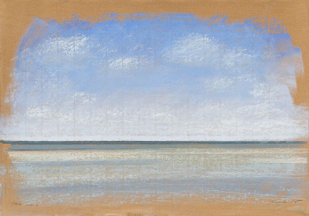 Pastel sec de la plage et de la mer sous le soleil sur fond jaune