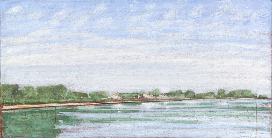 Pastel sec représentant un bord de mer en Bretagne avec les reflets des arbres suggérés dans l'eau