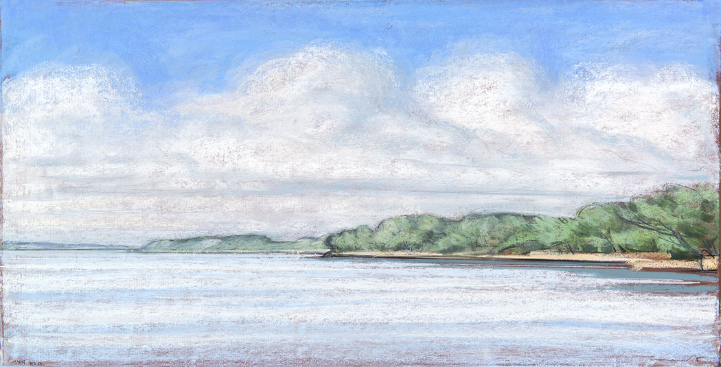 Pastel sec représentant la mer de Bretagne et des bords de mer emplient d'arbres