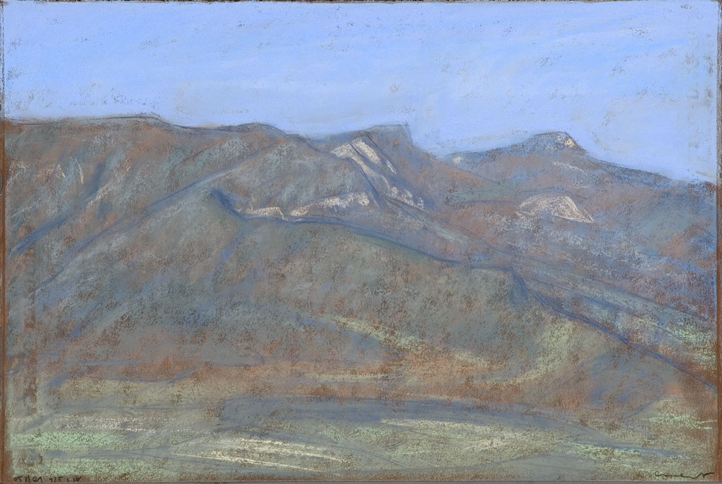 Pastel sec sur bois d'une montagne couleur terre'