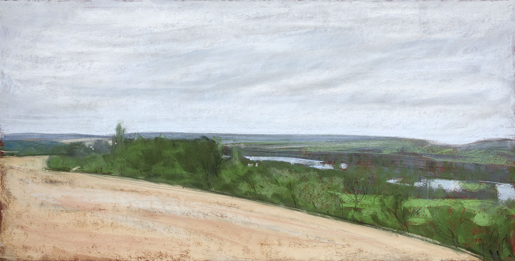 Pastel sec d'une vallée avec les champs et la vue sur Écluzelles