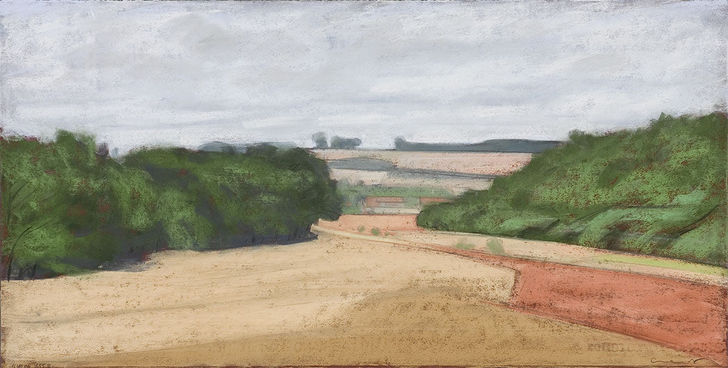 Pastel sec d'une plaine entourée d'arbres vers Charpont