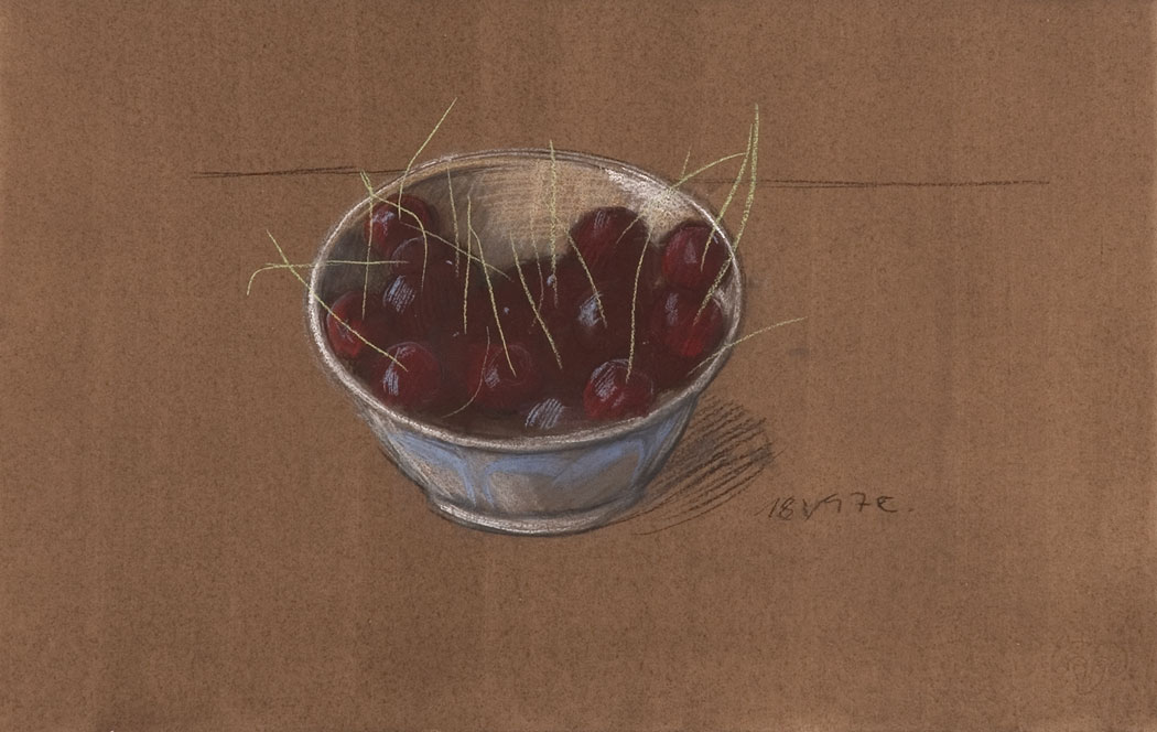 Pastel sec d'un petit bol de cerises sombres