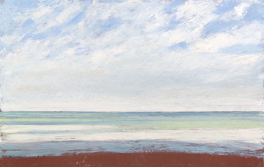 Peinture à l'huile sur bois de la mer calme et d'un ciel nuageux mais clair