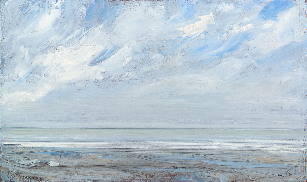 Peinture à l'huile sur bois de la mer turquoise sous les nuages blancs