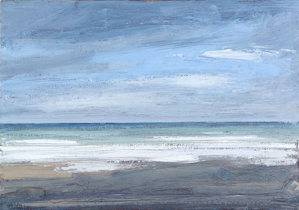 Peinture à l'huile sur bois d'une mer picarde turquoise