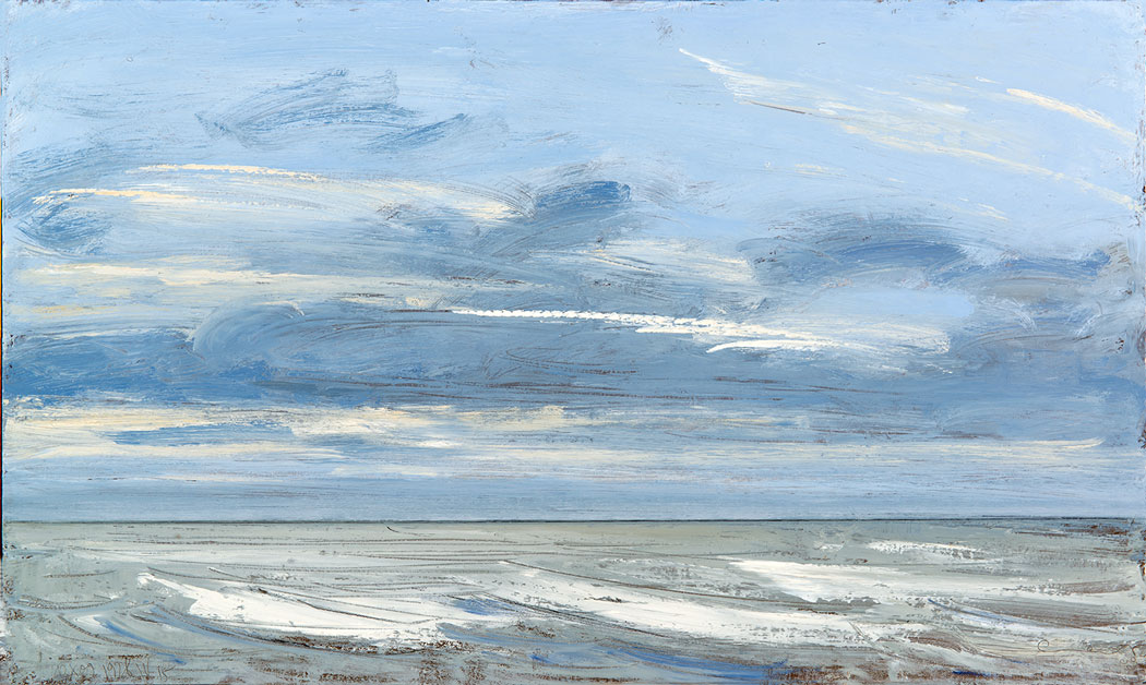 Peinture à l'huile sur bois de la mer turquoise sous les nuages sombres