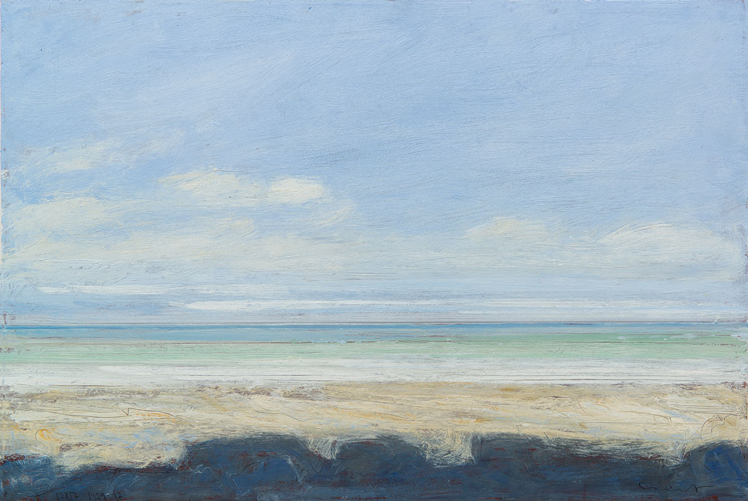 Peinture à l'huile sur bois de la mer turquoise sous un ciel sans nuages