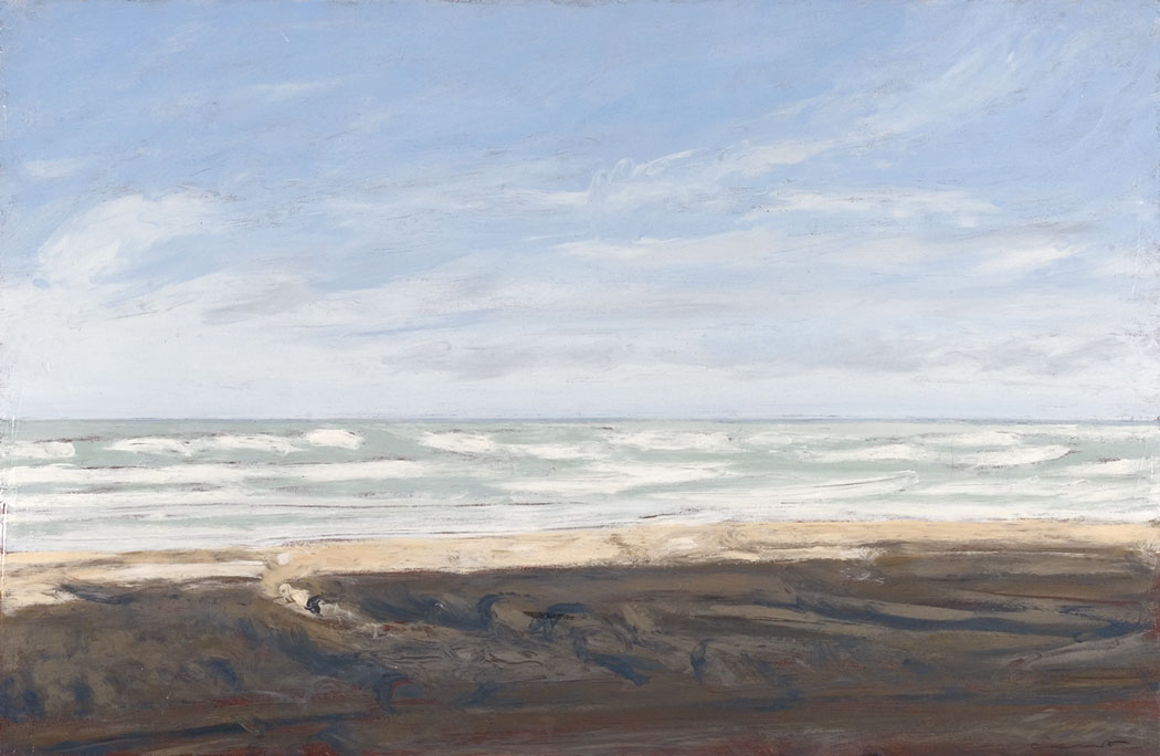 Peinture à l'huile sur bois de la mer houleuse et de la plage sous l'ombre des falaises