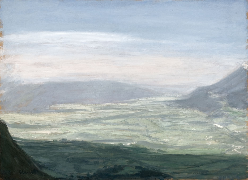 Peinture à l'huile sur bois de montagnes et plaine sous la brume