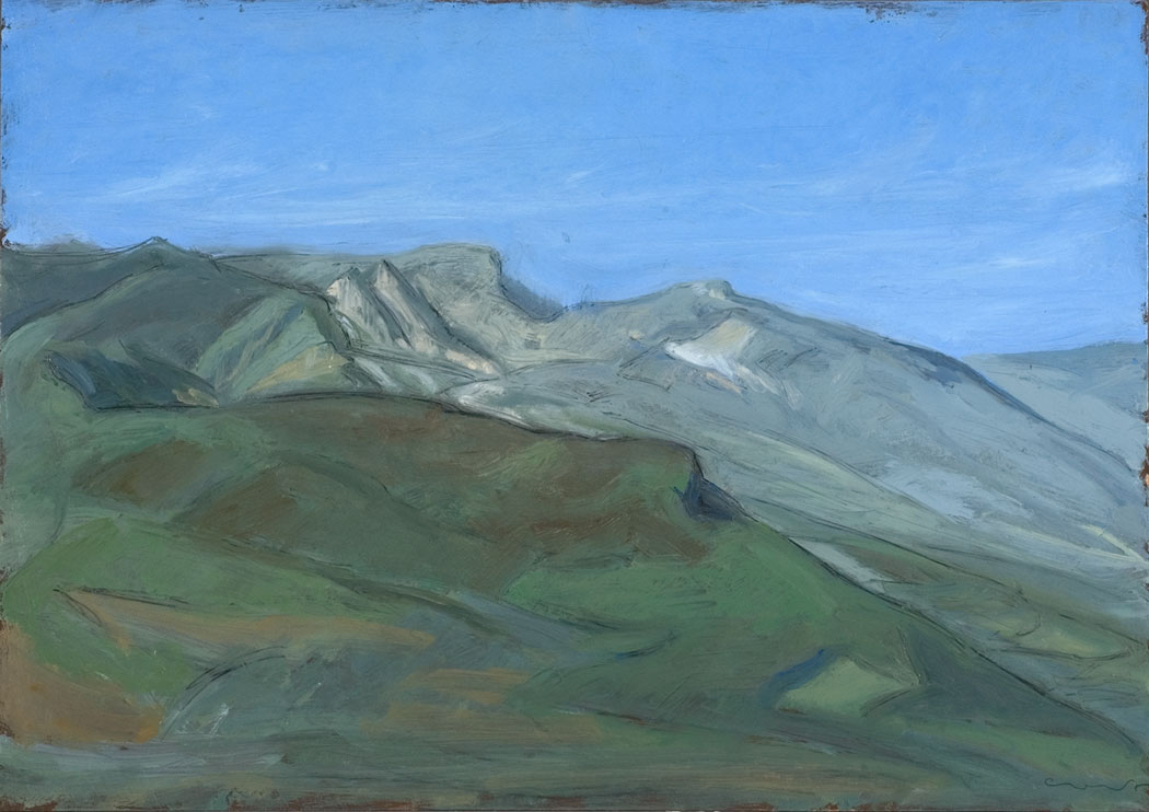 Peinture à l'huile sur bois d'une montagne verdoyante