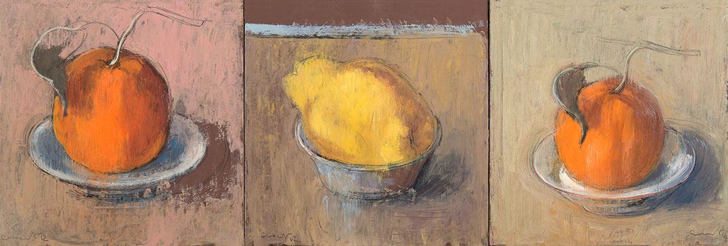 Triptique de peintures à l'huile sur bois deux mandarines entourant un coing jaune