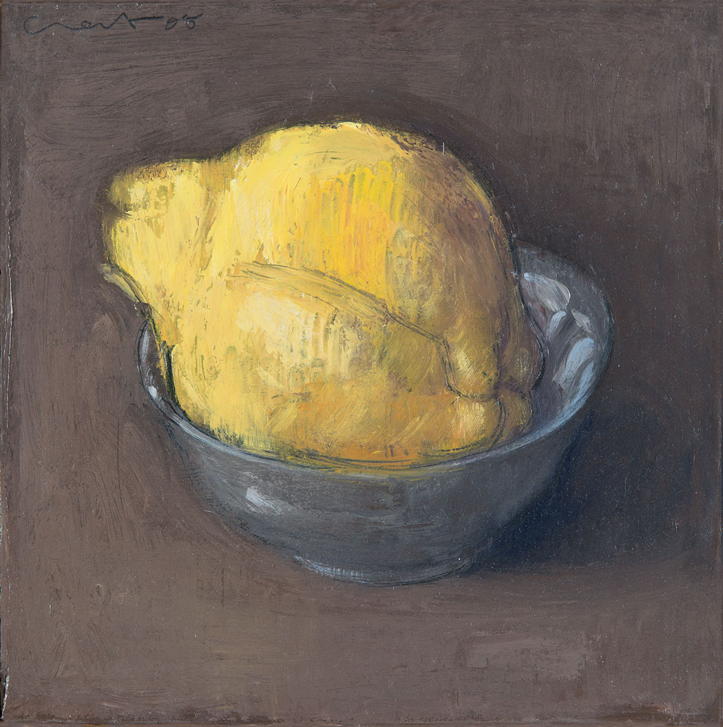 Peinture à l'huile sur bois d'un coing jaune dans un petit bol
