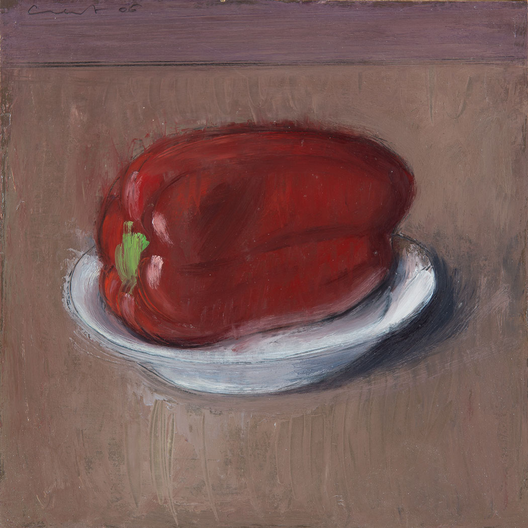 Peinture à l'huile sur bois d'un poivron rouge dans une coupelle