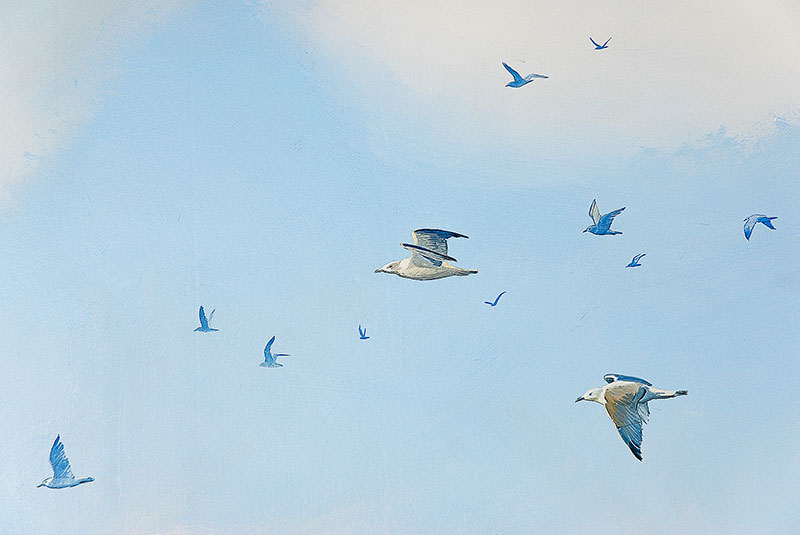 Détail faux ciel avec plusieurs oiseaux en vol