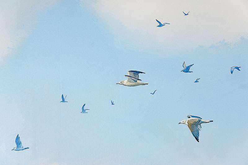 Détail faux ciel avec plusieurs oiseaux en vol