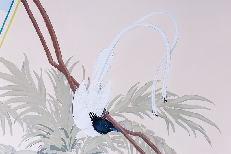 Détail d'oiseaux du paradis sur des feuilles